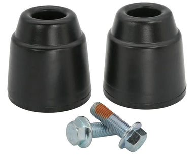 Two black off-road bump stops with a steel base and two zinc-coated bolts with thread locker on a white background.