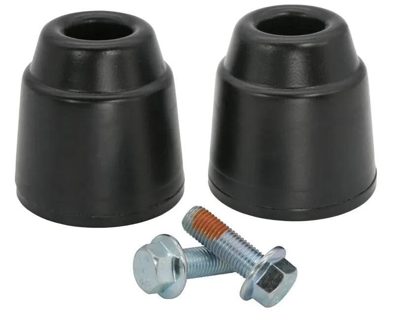 Two black off-road bump stops with a steel base and two zinc-coated bolts with thread locker on a white background.