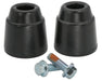 Two black off-road bump stops with a steel base and two zinc-coated bolts with thread locker on a white background.