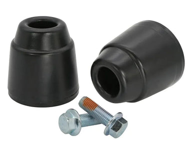 Two black rubber bushings and a metal bolt on a white background