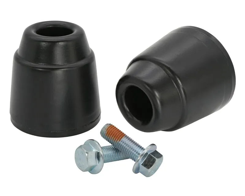 Two black rubber bushings and a metal bolt on a white background