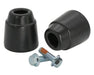 Two black rubber bushings and a metal bolt on a white background