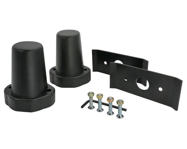 Two black extended bump stops with standard mounting plates and hardware pack for Toyota Tacoma.