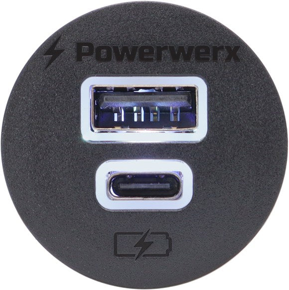 Powerwerx Panel Mount Combination USB QC3.0 and USB Type-C QC4.0 75W Fast Device Charge