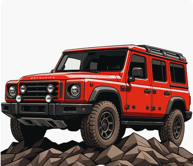 Red off-road vehicle on rocky terrain with a white background