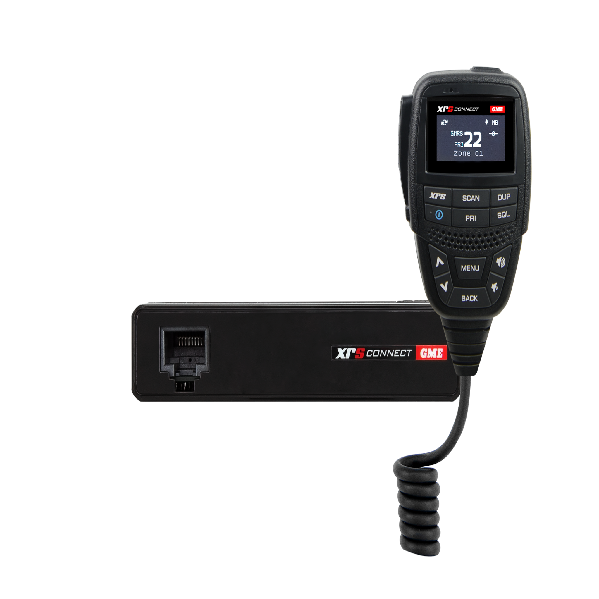 GME XPR Connect radio and receiver on a white background