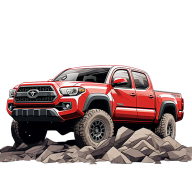 Red pickup truck on rocky terrain with a white background