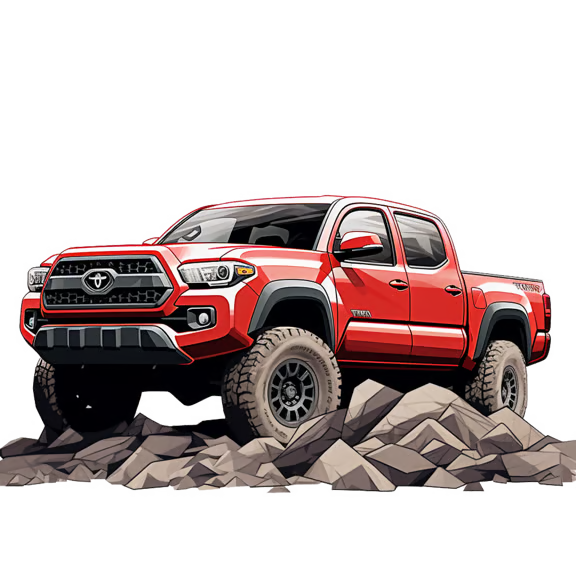 Red pickup truck on rocky terrain with a white background