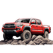 Red pickup truck on rocky terrain with a white background