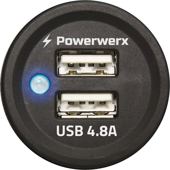 Powerwerx Panel Mount Dual USB 4.8A Device Charger for 12/24V