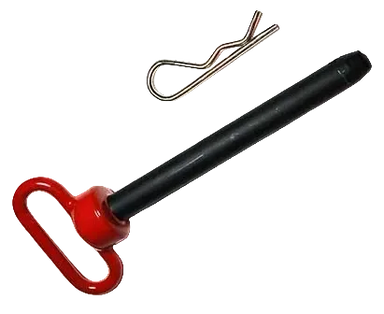 A hitch pin with a black shaft and a red rubber coated handle, accompanied by a metal retaining pin.