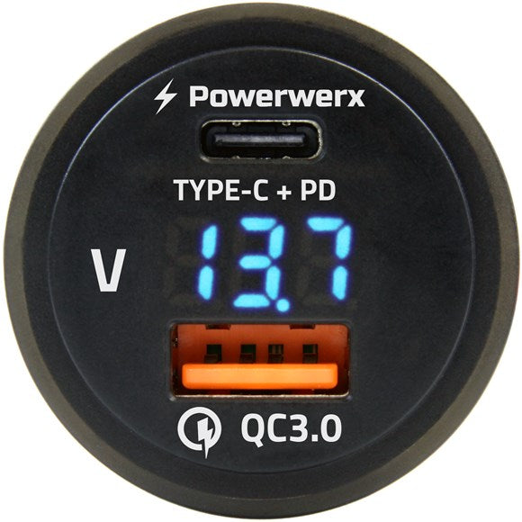 Powerwerx Panel Mount Combination USB QC 3.0 and USB Type-C Power Delivery with Blue LED Voltage Display